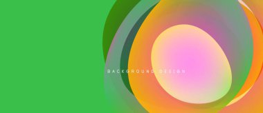 Soyut renkli katmanlar dinamik görsel efekt yaratır. Yeşil sol tarafa hükmediyor, canlı daireler sağ tarafa örtüşüyor. Modern tasarım ögesi.