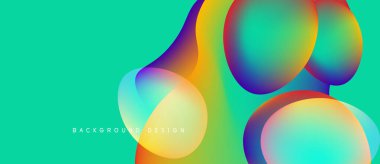 Soyut sıvı şekilleri örtüşür, canlı renkler harmanlanır. Turkuaz arkaplan dinamik kompozisyon, modern tasarım ögesini tamamlar.