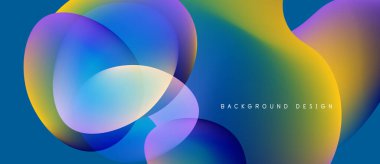 Soyut akışkan şekiller harmanlanır ve canlı gradyanlar oluşturur. Mavi, sarı, mor renkler tasarımda baskın. Modern estetik, dinamik kompozisyon.
