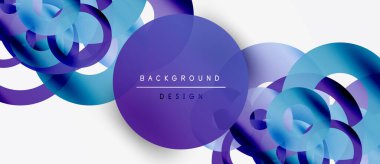 Soyut daireler örtüşüyor, parlak mavi ve mor renkler yaratıyor. Beyaz alan kontrastı, modern hissi sağlar. Metin arkaplan tasarımı okur.