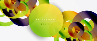 Soyut renkli daireler beyaz uzayla örtüşüyor. Modern tasarım elementleri dinamik görsel efekt yaratır. Parlak renkler kompozisyona hakim.