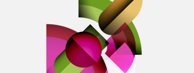 Üst üste binen renkli şekiller içeren soyut bir kompozisyon. Gradyanlar derinlik yaratır, görsel ilgi. Modern tasarım, canlı renkler egemen..