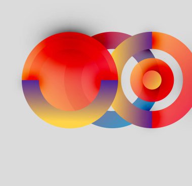 Soyut renkli çemberler çakışıyor. Gradyan renkler harmanlanarak, dinamik görsel efekt yaratır. Modern tasarım, basit arkaplan.