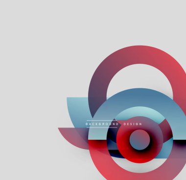 Soyut daireler çakışıyor, dinamik görsel etki yaratıyor. Kırmızı, mavi renkler nötr arkaplana hakim. Minimalist tasarım unsurları.