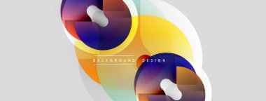 Soyut tasarım özellikleri üst üste binen daireler, gradyanlar. Renkler arasında turuncu, mavi, mor, beyaz. Modern estetik, temiz çizgiler, basit şekiller..