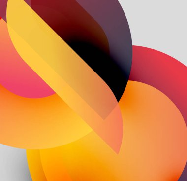 Soyut kompozisyon. Üst üste binen renkli şekiller dinamik görsel efekt yaratır. Sıcak tonlar hafif eğimlerle baskın gelir..