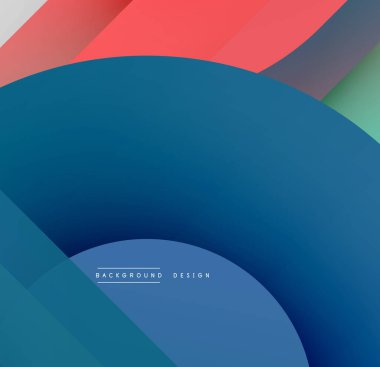 Soyut geometrik şekiller çakışıyor. Mavi baskın, kırmızı, yeşil, şeftali rengi ile vurgulanıyor. Modern tasarım elementleri görsel ilgi yaratır.