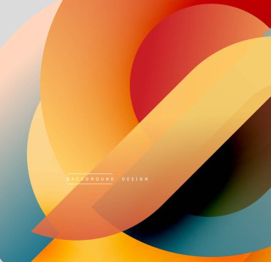 Soyut tasarım özellikleri üst üste binen renkli şekiller. Sıcak tonlar daha serin renklerle harmanlanır ve dinamik görsel efekt yaratır. Düzen eğimleri kompozisyona hakim.