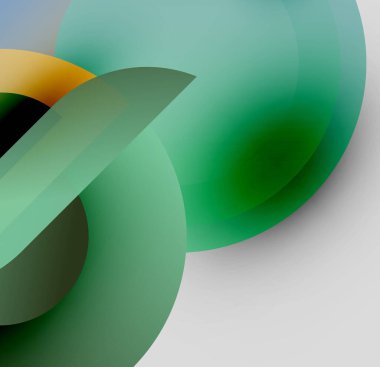Soyut şekiller çakışıyor, akışkan gradyanlar yaratıyor. Yeşiller altın ipuçlarıyla egemen olur, gri tonlar mevcuttur. Modern tasarım ögeleri görünür.