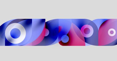 Üst üste binen daireler, gradyanlar içeren soyut kompozisyon. Mavi, mor, beyaz renkler tasarımda baskın. Modern, dinamik görsel element.