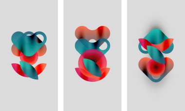 Soyut şekiller örtüşür, canlı renk karışımları yaratır. Üç panelde benzer bileşimler var. Şekilleri biraz farklı. Minimalist tasarım, yumuşak eğimler.