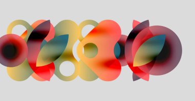 Soyut kompozisyon. Üst üste binen daireler, sıcak renkler baskın gelir. Yumuşak eğimler, ışık arkaplanı görsel ilgi yaratıyor. Modern tasarım.