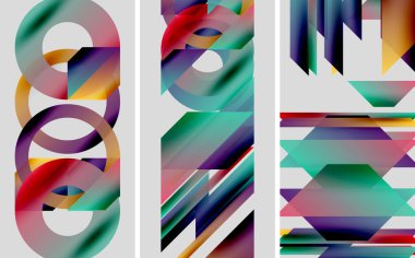 Soyut renkli şekiller dinamik bileşimler oluşturur. Gradyan renkler harmanlanarak modern görsel etki yaratıyor. Minimalist tasarım, cesur geometri.