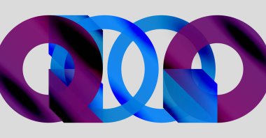 Soyut tasarım özellikleri birbirine kenetlenmiş halkalar. Mor, mavi renkler dinamik görsel efekt yaratır. Modern, minimalist kompozisyon.