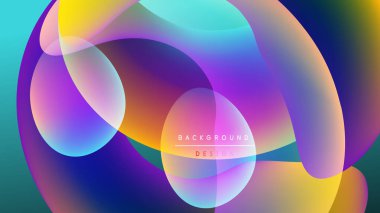 Soyut renkli şekiller örtüşüyor, canlı gradyanlar yaratıyor. Siyah arkaplanda yarı saydam elementlere sahip modern tasarım.