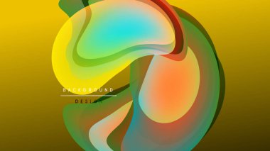 Soyut sıvı şekiller, canlı renklerin karışımı. Sarı, turuncu, yeşil renkler koyu arkaplana hakim. Modern tasarım ögesi.