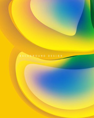 Soyut sıvı şekiller harmanlanarak canlı sarı, mavi ve yeşil renkler yaratır. Modern tasarım enerjiyi, hareketi, akıcılığı çağrıştırır..