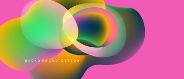 Soyut renkli şekiller pembe arka planda çakışıyor. Modern tasarım, canlı renkler dinamik görsel efektler yaratır. Yumuşak gradyanlar.