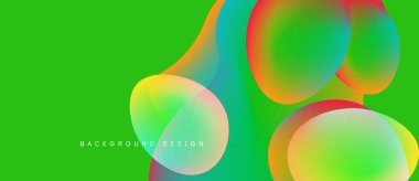 Bright abstract shapes overlap vibrant green backdrop. Modern design features fluid forms, colorful gradients, dynamic composition.