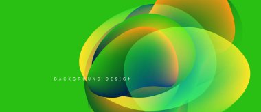 Abstract vibrant design features overlapping colorful circles. Bright green background enhances dynamic visual effect. Modern, fluid shapes create interesting composition.