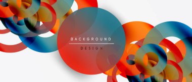 Abstract colorful circles overlap white space. Modern design elements create dynamic visual texture. Background features gradients, shapes.