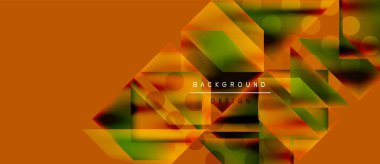 Abstract geometric shapes overlap, creating vibrant orange, green gradients. Text reads background design within central composition.