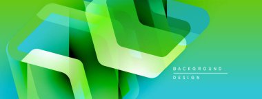 Soyut geometrik şekiller örtüşüyor, canlı yeşil, mavi renkler yaratıyor. Modern tasarım teknoloji, yenilik, tazelik öneriyor.