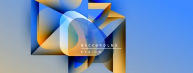 Abstract geometric shapes overlap, creating dynamic visual effect. Blue, gold hues dominate composition. Text reads background design.