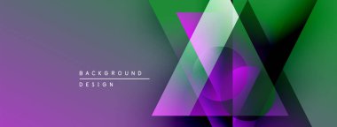 Abstract geometric design. Purple, green gradients blend. Overlapping shapes create dynamic visual effect. Modern background texture.