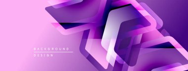 Soyut geometrik şekiller örtüşür, canlı mor gradyan arkaplan oluşturur. Modern tasarım elementleri yenilik ve teknoloji öneriyor.