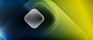 Abstract composition featuring layered shapes, gradients. Blue, green, yellow hues create dynamic visual effect. Central square adds focus.