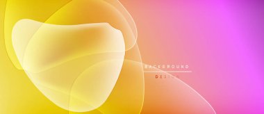 Abstract background features flowing yellow, orange, pink gradients. Soft shapes overlap creating dynamic visual effect. Modern design element.