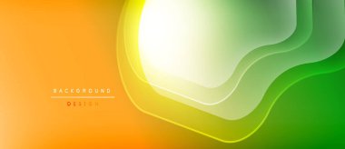 Abstract gradient background. Orange, yellow, green hues blend smoothly. Wavy layers create dynamic visual effect. Modern design element.
