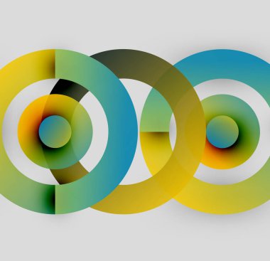Abstract circles overlap, creating vibrant color gradients. Yellow, green, teal, dark shades blend seamlessly. Modern design, simple geometry.