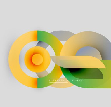 Abstract colorful shapes overlap, creating dynamic composition. Gradients blend yellow, green, gray tones. Modern design element.