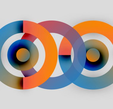 Abstract composition featuring overlapping colorful circles. Gradient shades create depth, visual interest. Modern design, simple geometry.