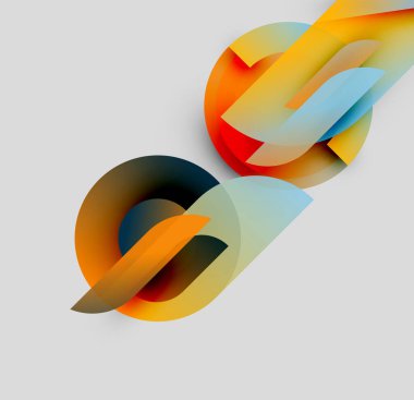 Abstract shapes overlap, creating vibrant color gradients. Composition features curves, transparency, modern design elements. Minimalist aesthetic.