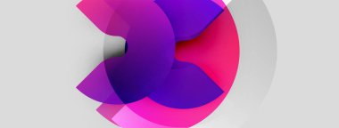Abstract design features overlapping colorful arcs. Gradient shades transition from purple to pink, creating dynamic visual effect. Minimalist style.