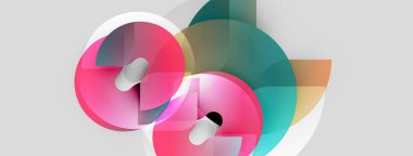 Abstract shapes overlap, creating vibrant color blends. Pink, teal, orange hues dominate composition. Modern design elements present.