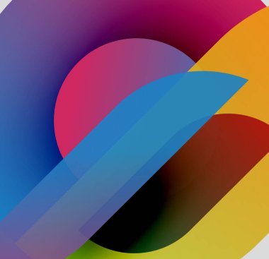 Abstract colorful shapes overlap creating dynamic visual effect. Gradients blend smoothly, forming modern composition.