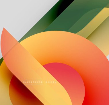 Abstract geometric shapes overlap, creating vibrant color gradients. Design features warm tones, smooth transitions, modern aesthetic.