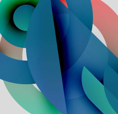 Abstract shapes overlap, creating vibrant color blends. Blues, greens, reds dominate composition. Smooth gradients define forms.