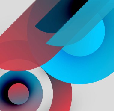 Abstract composition. Overlapping circles, rectangles create dynamic visual effect. Colors blend, contrast beautifully. Modern design.