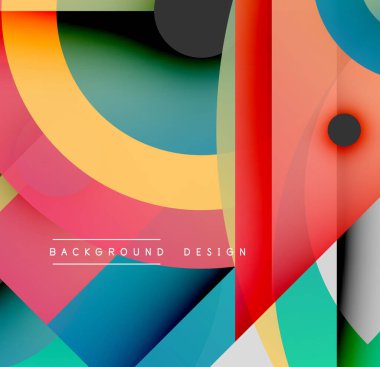 Abstract colorful shapes overlap. Dynamic composition features curves, lines, circles. Modern design with vibrant hues, gradients.