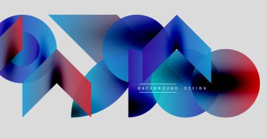 Abstract shapes overlap, creating vibrant blue, red gradients. Modern design elements suggest dynamic movement, clean aesthetic. Background text reads background design.