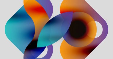 Abstract colorful shapes overlap, creating fluid forms. Vibrant hues blend, suggesting movement, energy, modern design.