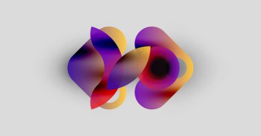 Abstract colorful shapes overlap, creating fluid forms. Soft gradients blend purple, yellow, red hues on white background. Modern design.