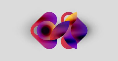 Abstract colorful shapes overlap, creating dynamic visual effect. Purple, red, yellow hues blend softly on white background.