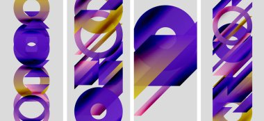 Abstract geometric composition. Four panels display colorful, layered shapes. Purple, gold hues dominate design. Modern aesthetic.