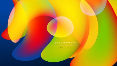 Vibrant abstract shapes overlap, creating colorful fluid design. Background is black, emphasizing bright hues. Modern, dynamic composition.